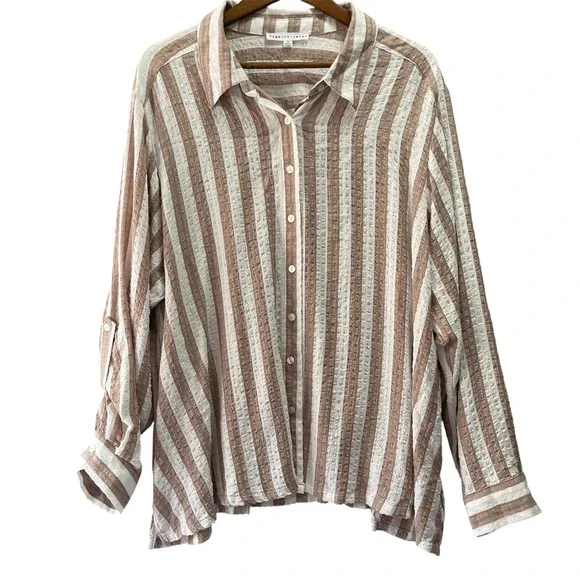 Jane + Delancey Button Front Shirt Women 3X Roll Tab Seersucker Coastal Preppy - Picture 1 of 9